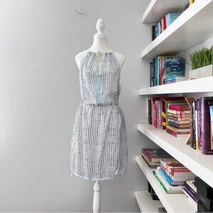 Roberta Roller Rabbit White Blue Block Print Halter Neck Cotton Dress Large